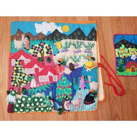 Vintage Arpillera Folk Art 3D Wall Hanging Seat Covering Peruvian Set Handmade - Picture 8 of 11